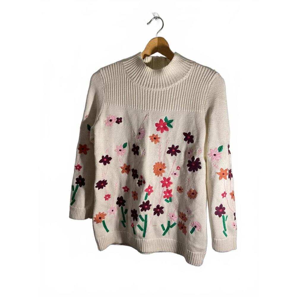 Talbots White Floral Cotton Knit Sweater with Colorful Embroidered Flowers MP